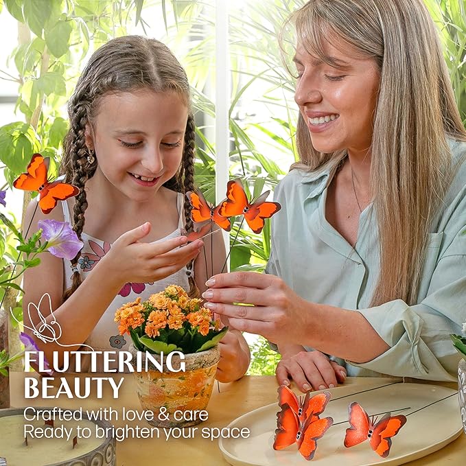 Handmade Orange Butterfly Garden Stakes Set of 7 - Decorative Outdoor & Indoor Plant Decor - Nature Lover Gift Idea by Air Aquarium Kushner