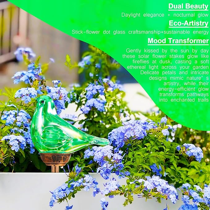 Solar Bird Garden Stake Lights - Hand Blown Glass Decorative Garden Pathway Lights Outdoor Waterproof Bird Glass Stakes (Green)