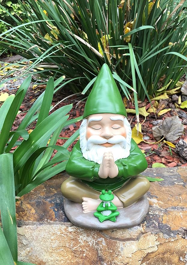 GlitZGlam Zen Gnome and Zen Frog - Namaste– Tranquility and Peacefulness for Your Fairy Garden and Garden Gnomes A Large 9¼ Inches Tall Miniature Gnome Figurine