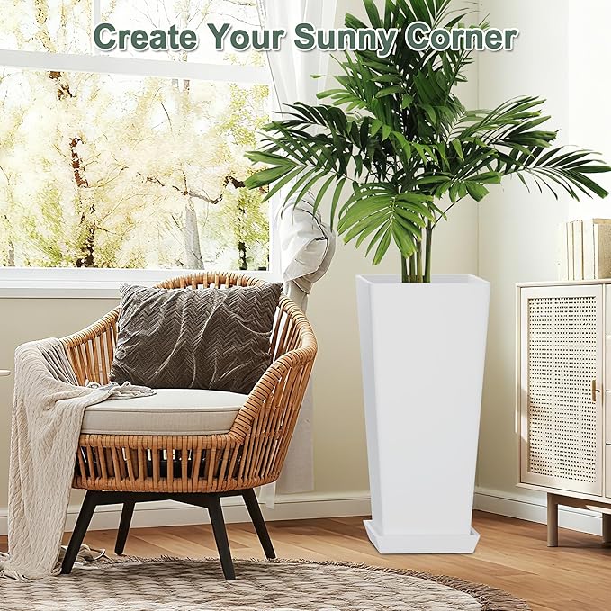 Set of 2 Tall Planters for Outdoor Plants with Drainage Tray, 24" Large Flower Pots for Front Porch Decor, Patio, Garden (White 24")