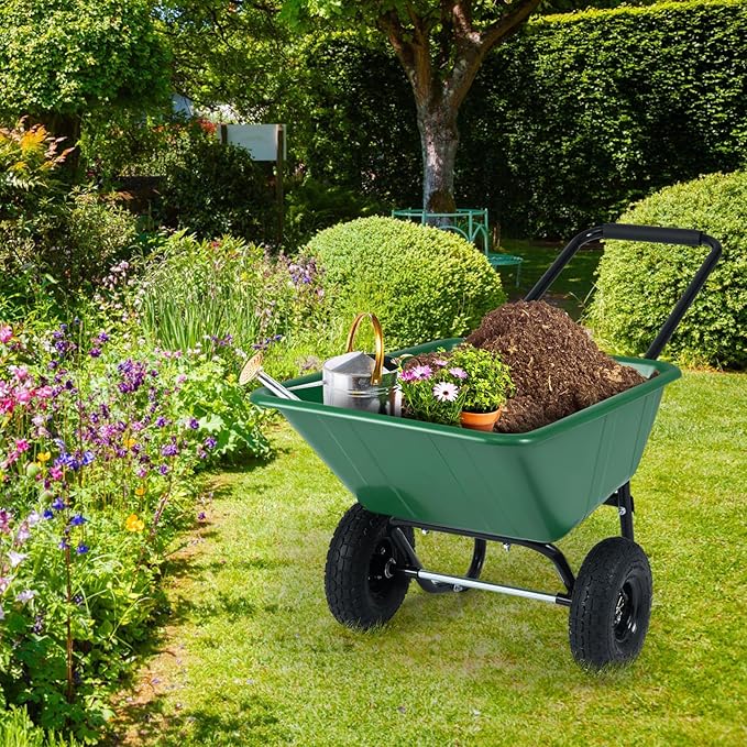 Goplus 2 Wheel Wheelbarrow, 330 LBS Utility Garden Cart with 10” Pneumatic Tires & Handle, 21 Gal Volume, Yard Dump Cart Wheel Barrow, Heavy Duty Wheel Barrow for Lawn