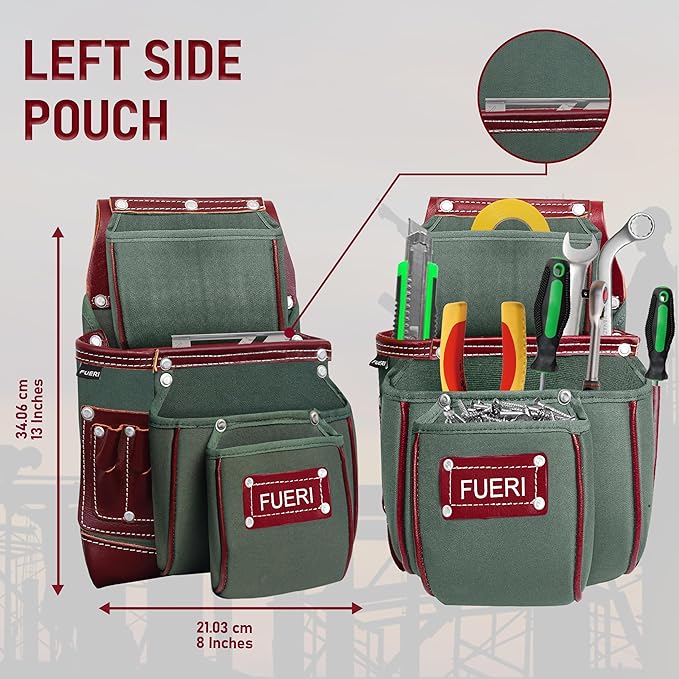 FUERI Tool Belt Heavy Duty Nylon Leather Carpenters Tool Pouches Bags Organizer for Men Construction Electricians Framers Ironworkers Women