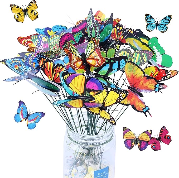 50PCS Butterfly Decorations, 11.8 inch Butterfly Stakes Ornaments Artificial Waterproof Colorfuli Butterflies for Flower Bouquet Outdoor Indoor Yard Art Patio Plant Pot Flower Bed Home Décor