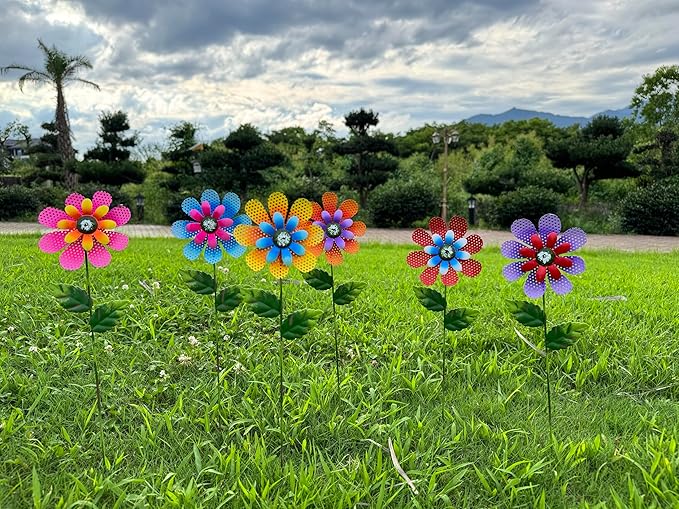 Colorful Metal Garden Flower Stakes, 6-Pack Decorative Yard Art, 16.5 inch Height, Outdoor Lawn Ornaments