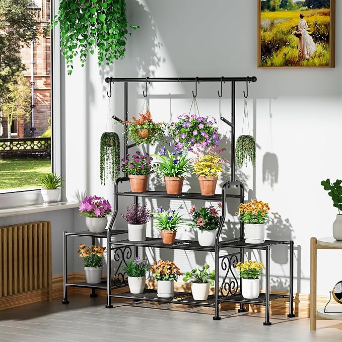 GIOTORENT 3-Tier Tall Metal Plant Stand Indoor Outdoor - Heavy Duty Plant Shelf for Garden, Patio, Balcony with 5 Hanging Hooks, Holds 16-25 Plants, Black