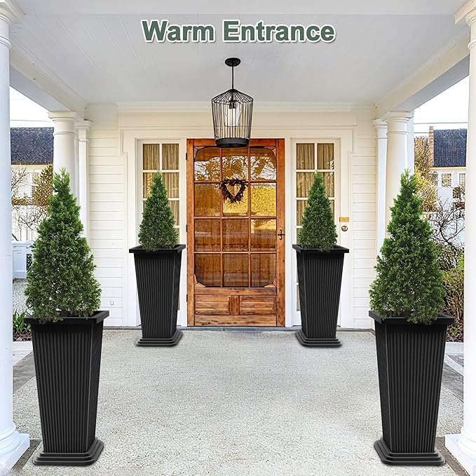 Tall Planters Set of 2, Large Indoor Outdoor Flower Pots with Tray Modern Tapered Planter for Patio, Garden, Porch, Backyard (Black Ribbed)