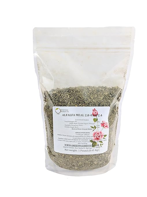 Greenway Biotech, Inc. Alfalfa Meal 2.50-0-2.50 | Repackaged Organic Rose, Flower Plant & Vegetables Fertilizer with Essentials Minerals Potassium & Nitrogen- Ideal for Alkaline Plants | 1 Pound