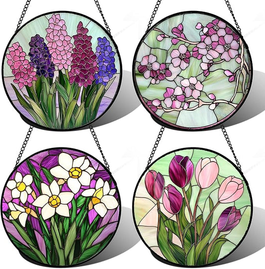 Stained Glass Window Hanging 4 Pcs Set Tulips Plum Flower Daffodils Hyacinths Large 11.8" - Suncatcher Door Garden Sun Catcher Decor Birthday Mother's Day for Mom Woman Nana