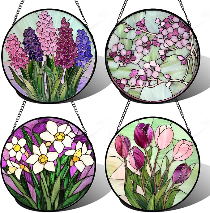 Stained Glass Window Hanging 4 Pcs Set Tulips Plum Flower Daffodils Hyacinths 6.3" - Suncatcher Door Garden Sun Catcher Decor Birthday Mother's Day for Mom Woman Nana