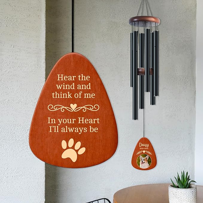 Personalized Pet Memorial Wind Chime with Photo - 37" Custom Pet Loss Gift with Name, Date & Quote - Drop Shape Wooden Pendant & Stainless Steel Tubes, Outdoor/Indoor Remembrance Wind Chime, Black D4