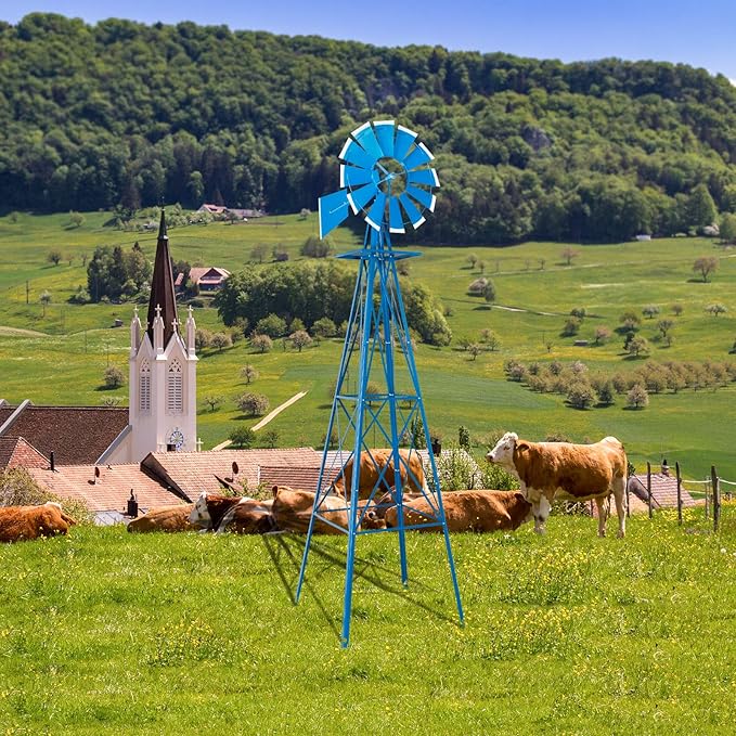 VINGLI Upgrade 8FT Ornamental Windmill Backyard Garden Decoration Weather Vane, Heavy Duty Metal Wind Mill w/ 4 Legs Design, Blue