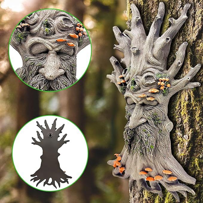 12" Real Tree Face Hugger Statue, Garden Trees Tree Huggers Decor with Mushroom Foliage Features, Outdoor Fairy Elve Accent Yard Art, Halloween Trees Decorations Outdoor Wall Mounted Statue