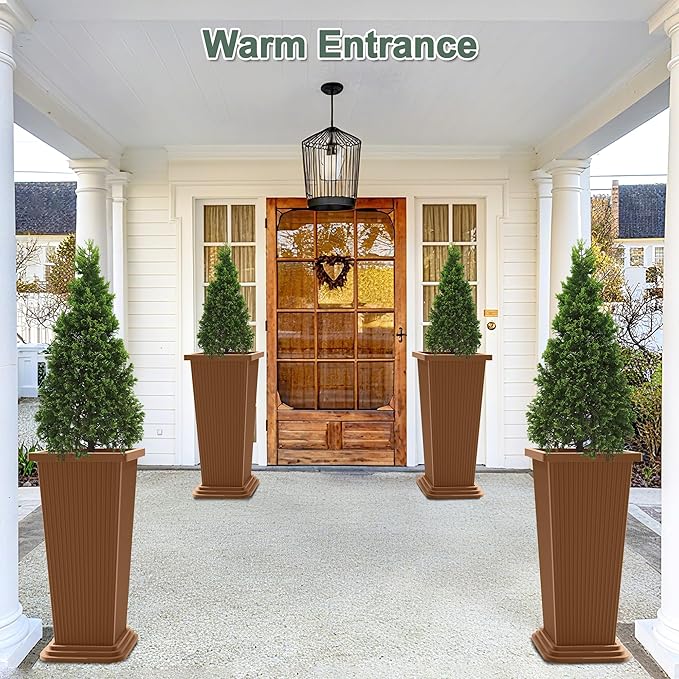 Set of 2 Large Planters for Outdoor Plants 24" Tall Tapered Modern Flower Pots with Drainage Tray for Garden, Patio, Porch (Brown Ribbed)