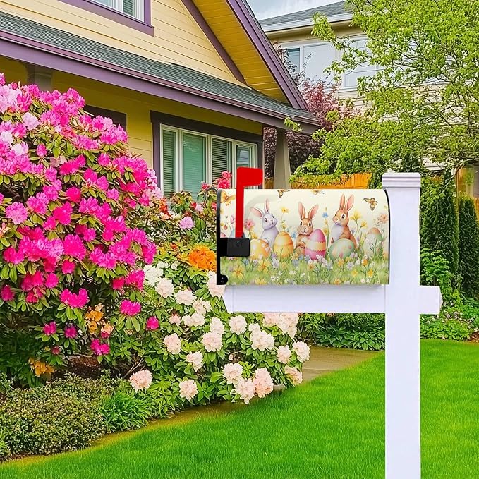 Easter Mailbox Covers Rabbits Mailbox Cover Standard Size 21x18 in Spring Floral Post Letter Box Cover for Garden Yard Decoration Waterproof Oxford Beautiful Eggs