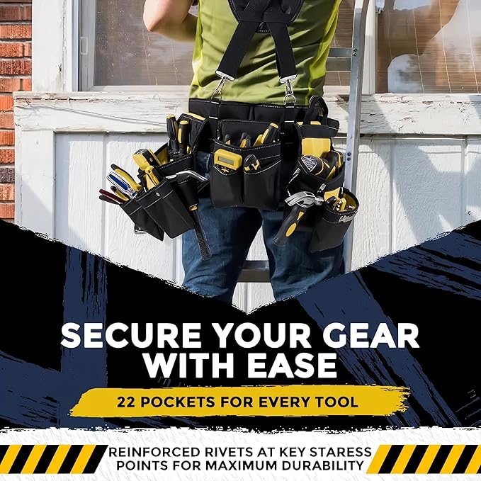 Tool Belt With Suspenders, Tool Belts for Men, 22 Pockets Tool Belt, Heavy Duty Tool Organizer for Framers Carpenter Electrician Construction Woodworker Yellow