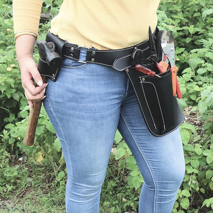 Handmade Full Grain Genuine Leather Florist Tool Belt for Construction, Gardening, Electrician - Waist Pouch with Pockets (Black)