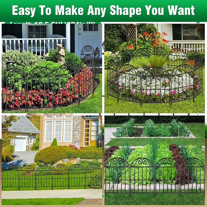 ADAVIN 10 Panels Collapsible Garden Fence Animal Barrier Fence,11ft(L) x 24in(H) Black Rustproof Metal Wire Panel Border for Dogs Rabbits, Flower Edging for Landscape Patio Yard Outdoor Decor, Arched