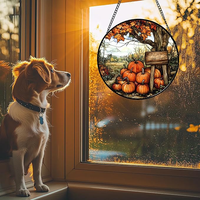 Stained Glass Window Hanging Fall Farm Scenery Maple Trees Pumpkin 6.3" - Suncatcher Door Garden Kitchen Sun Catcher Autumn Decor Birthday for Mom Nana Men Woman Friend