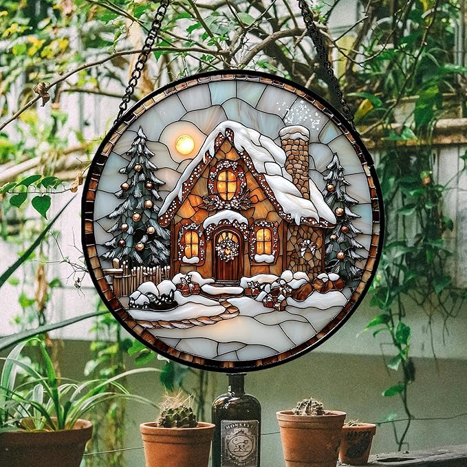 Stained Glass Window Hanging - Christmas Tree Cottage Sun Catcher for Door Garden Home Winter Decor Snowy Night Suncatcher Mother's Day Birthday Gifts for Women Men Mom Nana 15 in