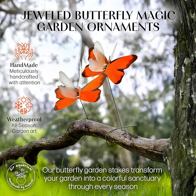 Handmade Orange Butterfly Garden Stakes Set of 7 - Decorative Outdoor & Indoor Plant Decor - Nature Lover Gift Idea by Air Aquarium Kushner