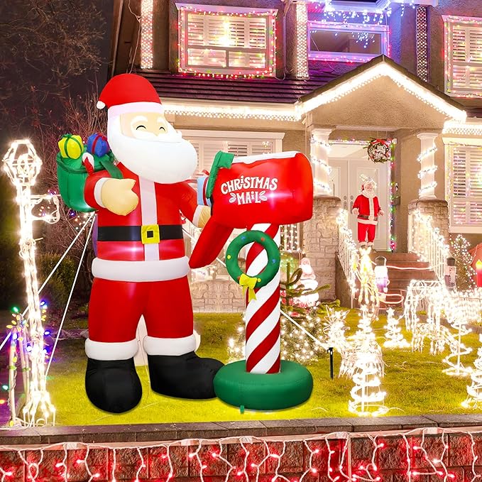 Lulu Home 8FT H Christmas Inflatable Decoration, Giant Blow Up Santa Presenting Gifts to A Mailbox, Xmas Inflatable Santa Blowups with Storage Bag for Winter Holiday Indoor Outdoor Decor