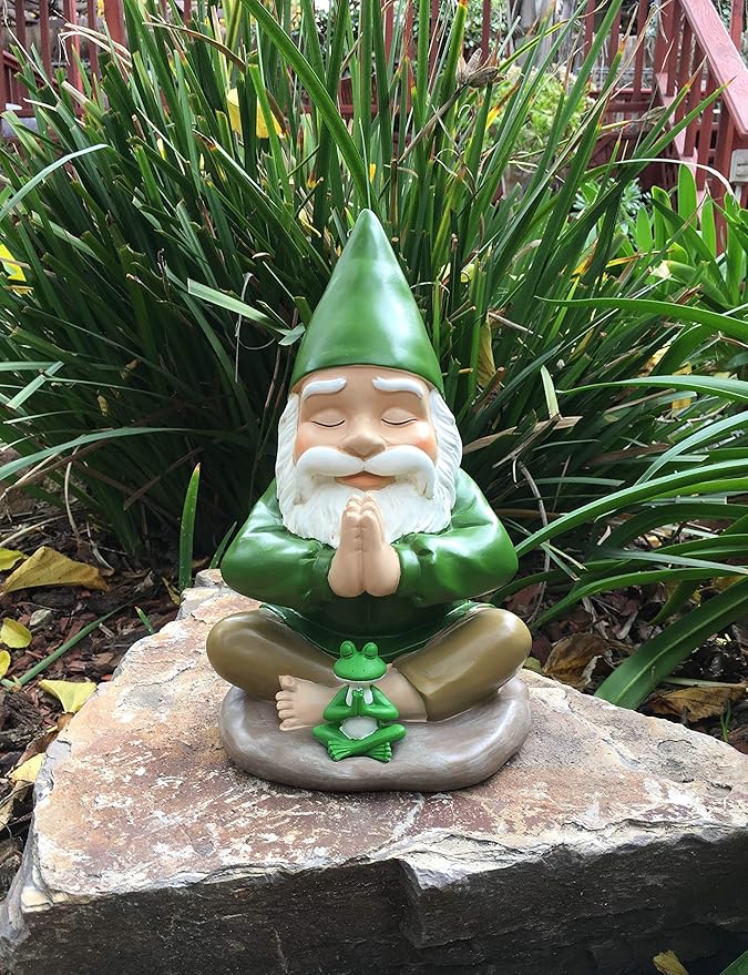 GlitZGlam Zen Gnome and Zen Frog - Namaste– Tranquility and Peacefulness for Your Fairy Garden and Garden Gnomes A Large 9¼ Inches Tall Miniature Gnome Figurine