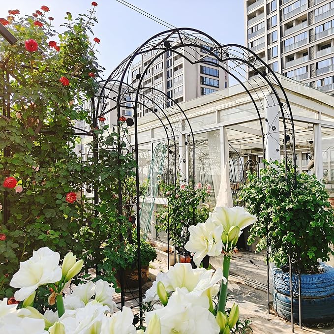 Metal Garden Arch 98.4" H Garden Arbor Trellis for Outdoor Climbing Plants Support Rose Lawn Tall Large Scale Event Arch(L, Black)