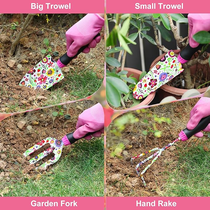 Housolution Gardening Tools Set, 10 PCS Stainless Steel Heavy-Duty with Non-slip Soft Rubber Handle with Large Garden Bag, Floral Pattern Gardening Tool Set Gifts for Women Birthday Mother's Day, Pink