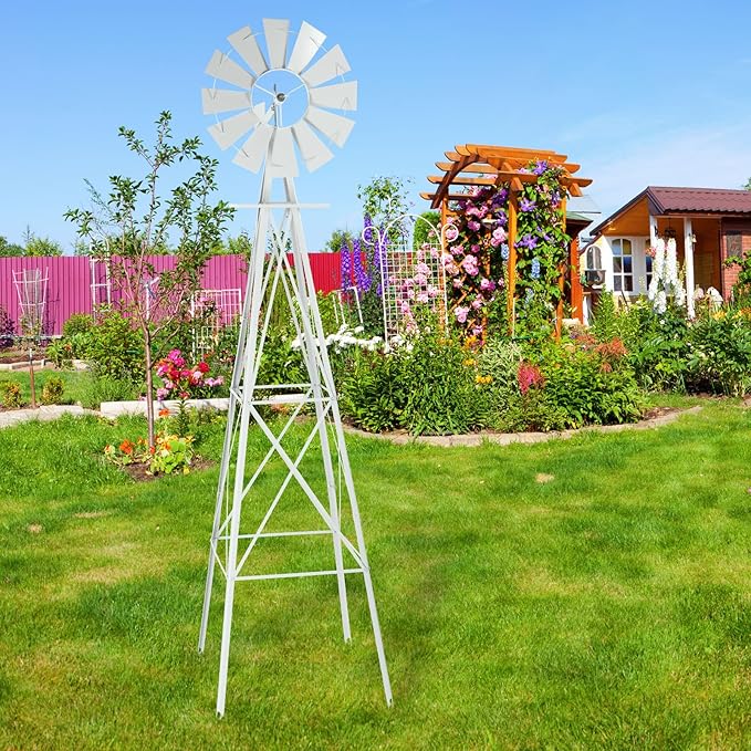 VINGLI 8FT Ornamental Windmill Backyard Garden Decoration Weather Vane, Heavy Duty Metal Wind Mill w/ 4 Legs Design,White