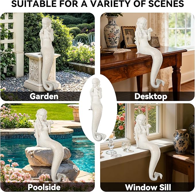 Mermaid Garden Statue, 25.6 Inch Large Outdoor Sculpture Figurines, Pretty Lawn & Patio Decor in Antique White, Made of Durable Magnesium Oxide Stone with Weather-Resistant Finish