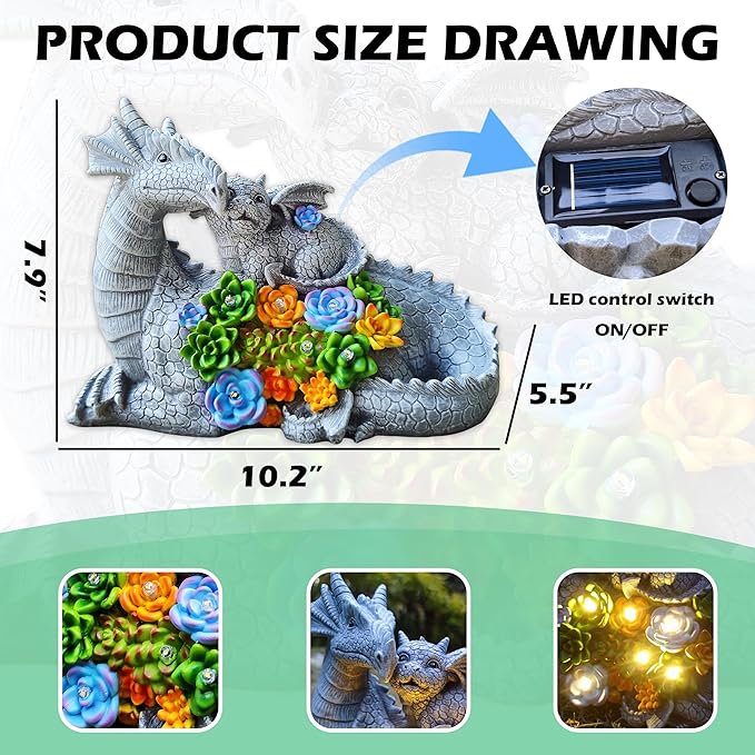 Solar Garden Statues Dragon Figurine Lights, Gardens Statue with Succulents and 6 LED Lights Yard Decorations Outdoor, Solar Light Garden Decor Unique Birthday Housewarming Gifts for Mom