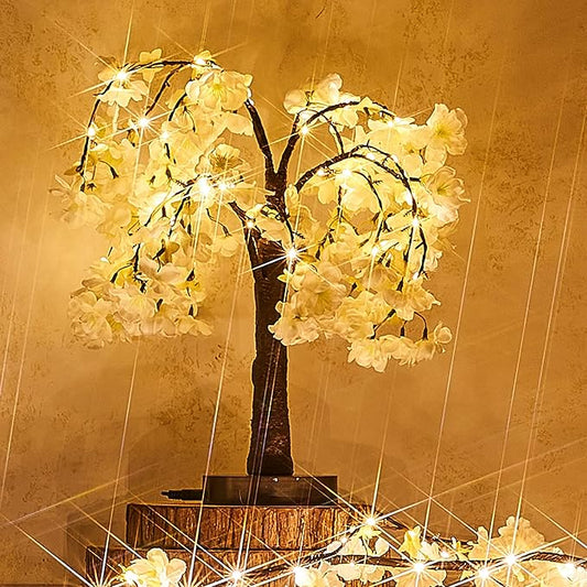 Fudios Lighted White Cherry Blossom Tree 40 LED 18IN Japanese Room Decor,Artificial Flower Tree with Lights Battery USB Plug for Wedding Party Summer Mantle Decoration