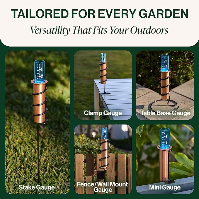 WCRG Copper Rain Gauge for Yard, Rail-Mounted Steel Clamp - Outdoor Sprinkler Gauges, Shatterproof, Winter-Safe, Accurate, Decorative - The Original Floating Rain Gauge, USA Assembled & Designed