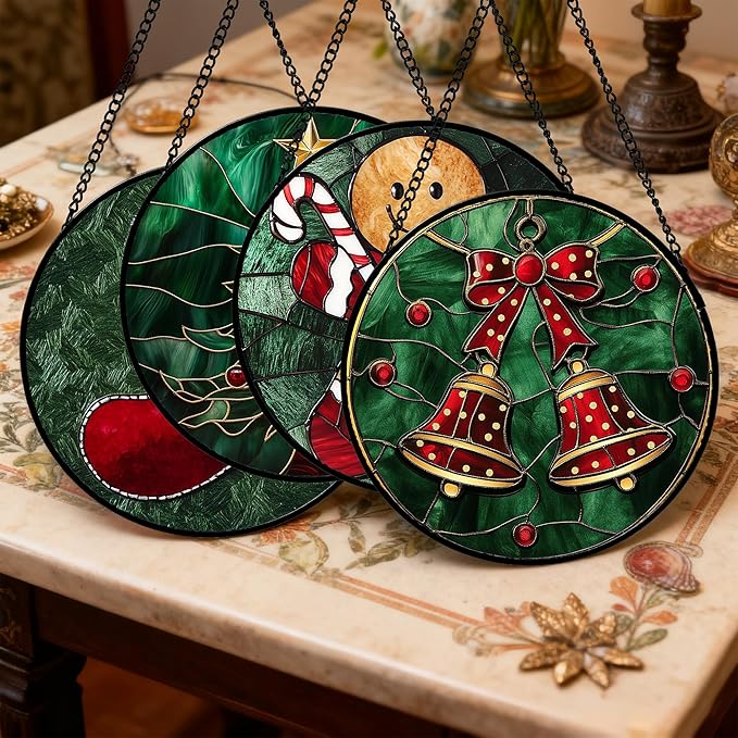 Stained Glass Window Hanging 4 Pcs Set Red Christmas Stockings and Gingerbread 7.8" - Suncatcher Door Garden Sun Catcher Decor Birthday Mother's Day Xmas Gifts for Mom Woman Nana Men