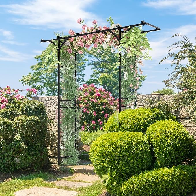 Moccha Garden Arbor, 6.8FT Metal Arbor Trellis for Climbing Plants, Roses, Vines, Outdoor Pergola with Trellises & Extended Roof, Garden Arch for Wedding Ceremony Decoration Lawn Patio Archway