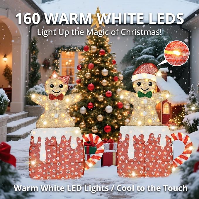 42" H Lighted Gingerbread Outdoor Christmas Decorations, Pre-lit Gingerbread Boy & Girl in Hot Cocoa Mug Ornament, 2D Holiday Decors for Lawn Porch Yards, 160 LEDs, Set of 2