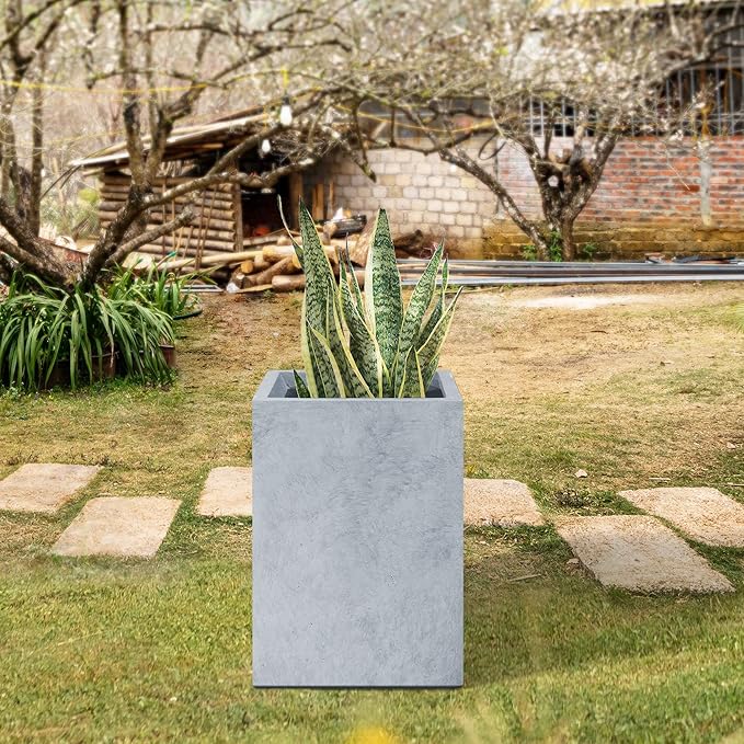 Kante 12.6" H Tall Rectangular Concrete Planters, Outdoor Indoor Lightweight Plant Pots with Drainage Hole and Rubber Plug, Modern Style for Home Garden Patio, Slate Gray