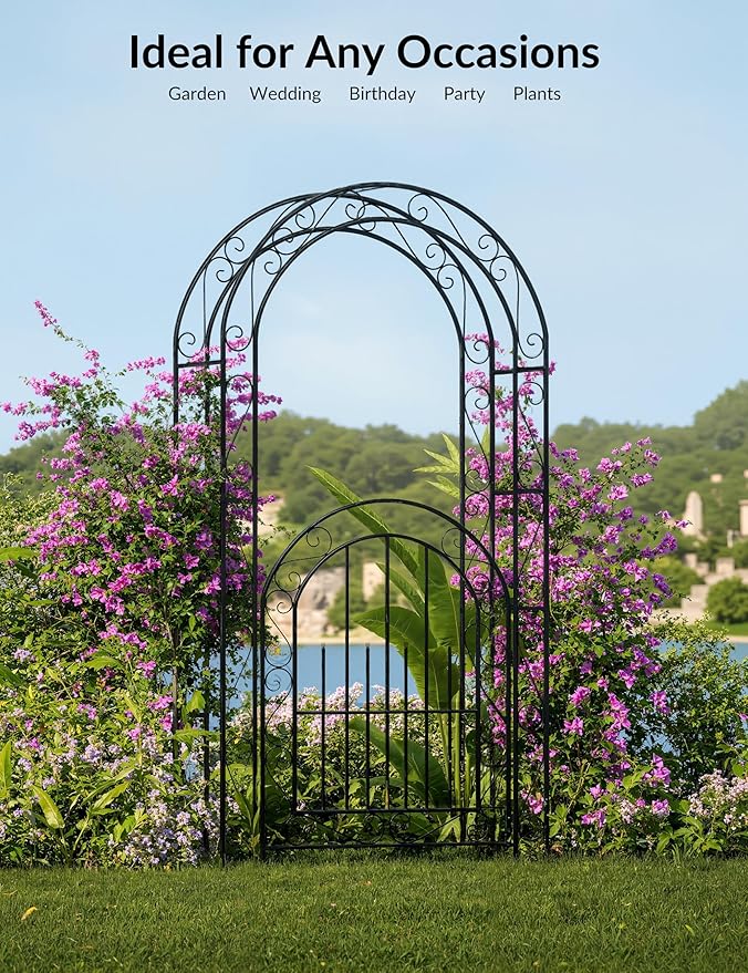 84" Garden Arch Arbor with Gate, Metal Arch Trellis, Garden Archway for Climbing Vines, Wedding Ceremony Decoration, Flourishes & Arrow Tips, Black