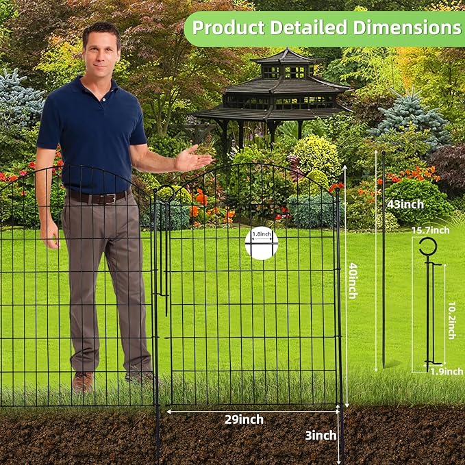 Decorative Garden Fence 40in (H) x24ft (L), 10 Pack No Dig Fence Animal Barrier for Dog with Lock, Arched Flower Bed Edging, Wire Border Panel Fencing for Yard Patio Outdoor Decor