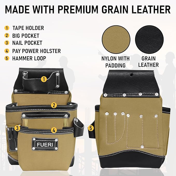 FUERI Tool Belt Leather Nylon Heavy Duty 19 Pocket Bag Pouch for Men Carpenter Electrician Bags Pouches Holder Organizer Foam Padded Belts Suspender Loops Set