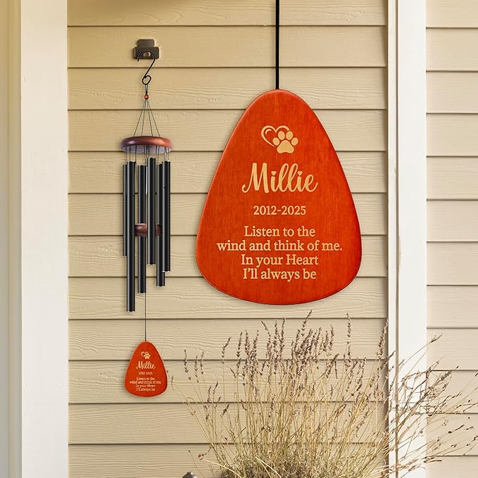 Personalized Pet Memorial Wind Chime - 37" Custom Engraved Pet Loss Gift with Name, Date & Quote - Drop Shape Wooden Pendant & Stainless Steel Tubes, Outdoor/Indoor Remembrance Wind Chime, Black D2