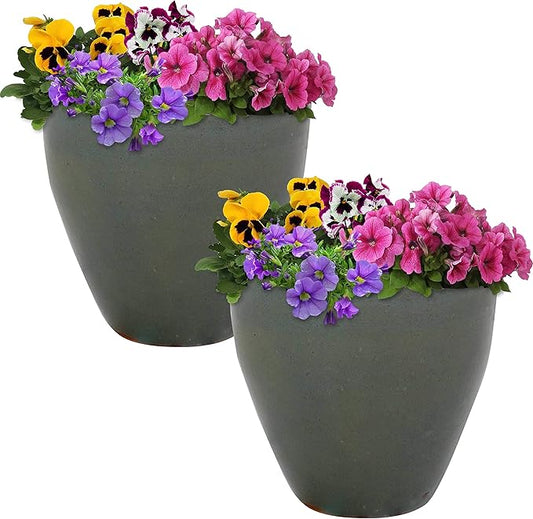Sunnydaze Resort Round Ceramic Planter - Set of 2 Indoor or Outdoor Plant Pots with Drainage Hole - 10" - Gray