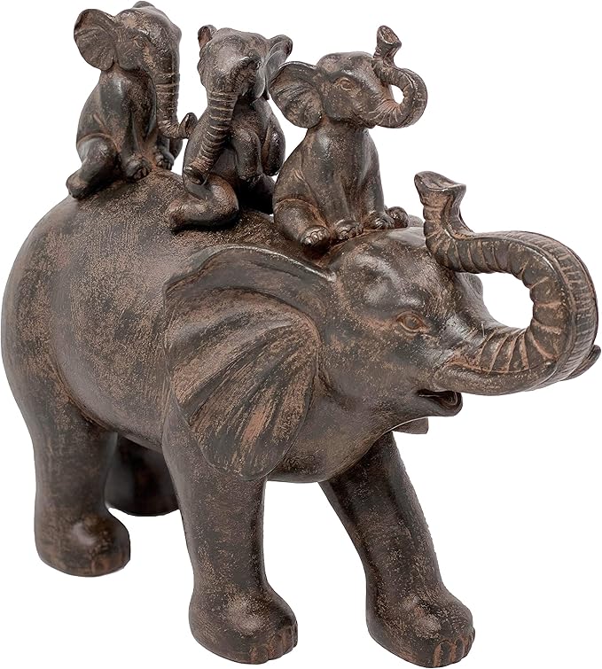 Nature's Mark 8" H 3 Baby Elephants Riding an Elephant Resin Statue Figurine Home Decorative Accent Decor (Brown)