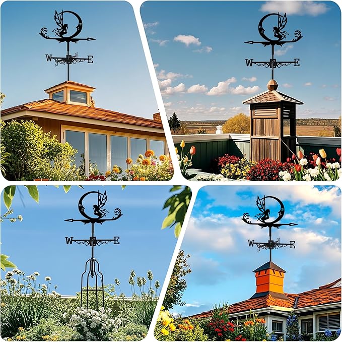 Fairy and Moon Weather Vane, Black Metal Weathervane Roof Mount, Wind Direction Indicators Wind Measuring Tool Outdoor, Wind Vane Ornament Decoration for Shed Garden Yard Farmhouse Patio Decor