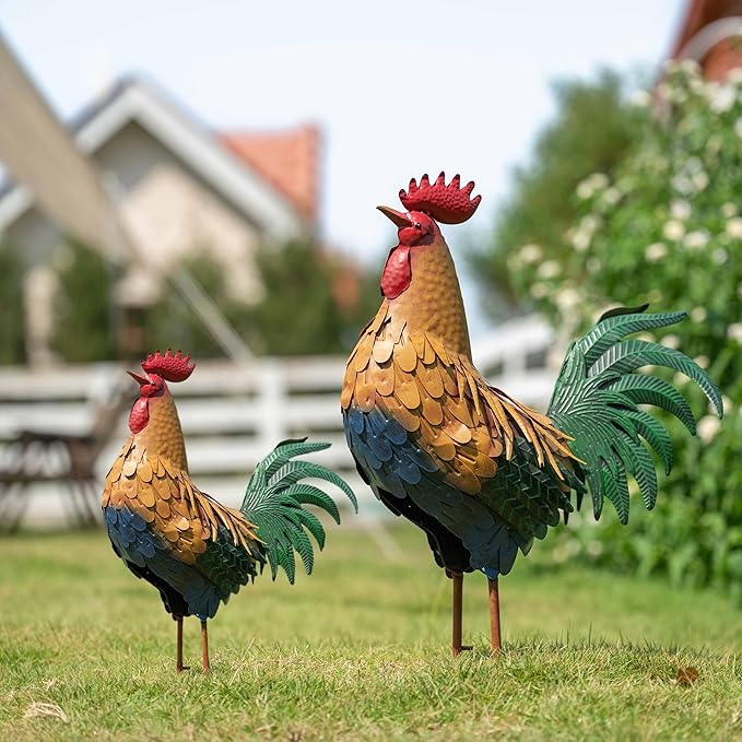 TERESA'S COLLECTIONS Large Metal Rooster Garden Statues Decor, 21 Inch Outdoor Chicken Sculpture Figurines Bird Yard Art for Farm Patio Lawn Kitchen Decorations,Housewarming Gift