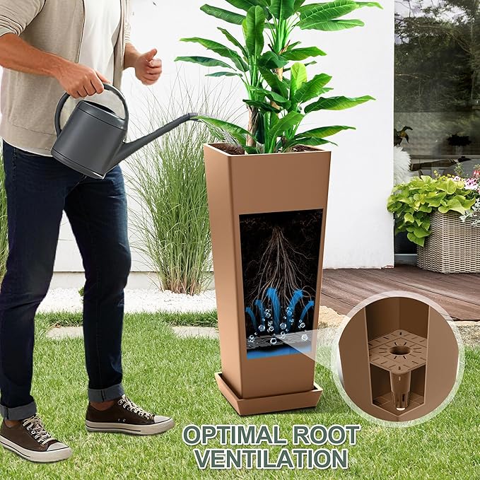 Set of 2 Large Planters for Outdoor Plants 24" Tall Tapered Modern Flower Pots with Drainage Tray for Garden, Patio, Porch (Brown)