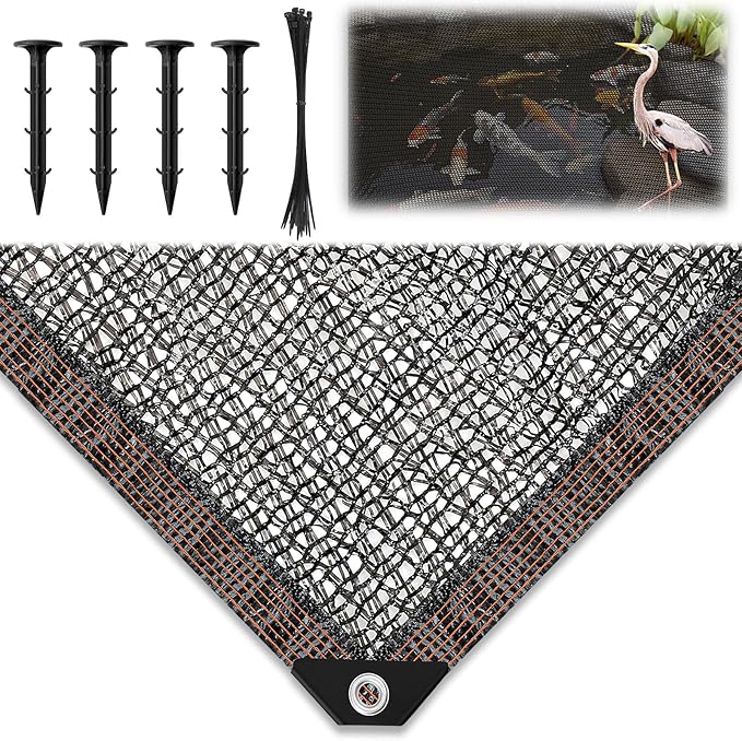 Koi Pond Netting Kit 19.7x30ft, Heavy-Duty Pe, Bird Deer Fence Netting, Durable Net Cover for Leaves, Protect Fish from Blue Heron Bird, Cats & Predators, Stakes & Ties Included