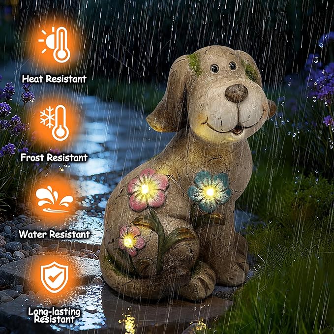 Solar Dog Garden Statue with Light, Cute Outdoor Dog Decoration for Yard, Patio, Lawn Balcony, Animal Figurines Housewarming Gardening Gift, Crafted Gifts for Mom Women