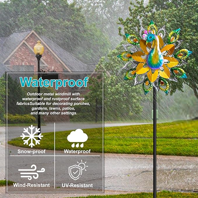 Outdoor Peacock Wind Spinners Featuring Glittering Gem Decor, 13.5" D x 65" H Double Layer Kinetic Wind Sculptures, 360° Rotatable Metal Garden Wind Spinners for Yard and Outdoor Decor Blue