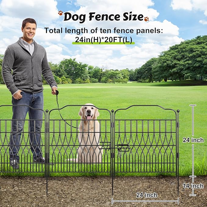 Bepatio 10 Panels Garden Fence Border with Latch, 24in (H) x 20ft (L) Dog Fence Outdoor for Yard, Arc Metal Fencing Panels, Animal Barrier Fencing for Outdoor, Patio, Flower Bed